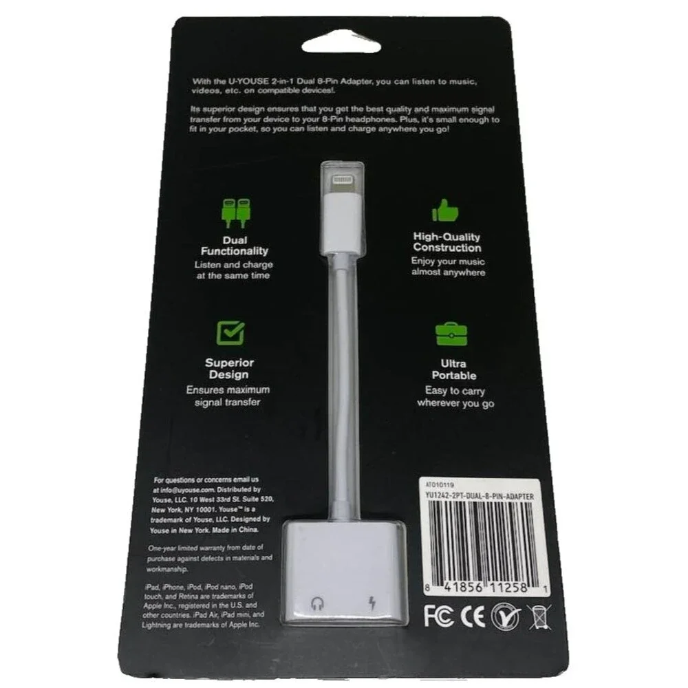 U Youse 2 in 1 Dual 8-Pin Adapter Charge Iphone 11 Ipad Tempered Glass NEW